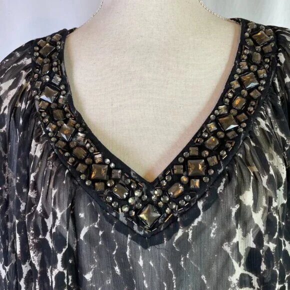 Worthington Embellished Sheer Tunic Dress Blouse Leopard Print V Neck Size 2X - Picture 2 of 10